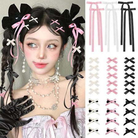 Mini sløjfe hårspænder til piger - Små alligator hårklemmer med lang hale - 3 stilarter, Sort, Hvid, Pink