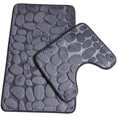 Set med 2 sklisikre baderomsmatter, myke baderomspiedestallmatter, absorberende toalettmatter, U-formet kontur Wc, maskinvaskbar grå