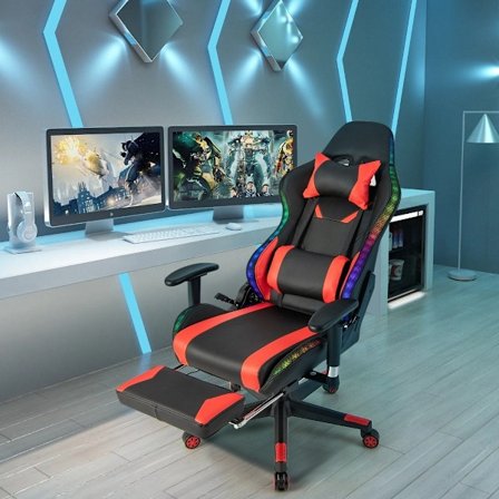 Gamingstol med RGB LED-lampor & infällbart fotstöd Ergonomisk kontorsstol Röd