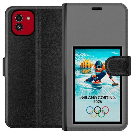 Yhteensopiva Lompakkokotelo Samsung Galaxy A03 Jääkiekkoilukuva, jossa pelaajat liikkuvat jäällä, Milano Cortina 2026, Milanin maamerkit ja olympialai
