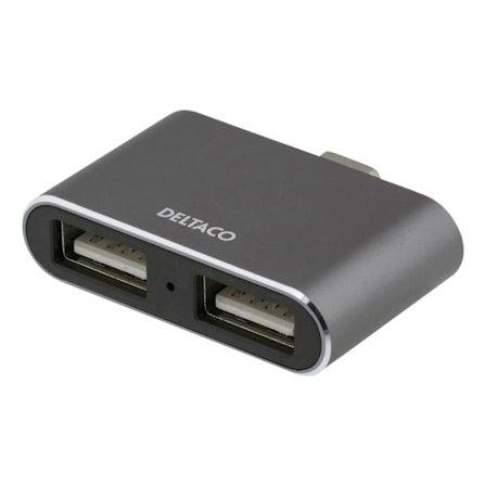 DELTACO USB-C mini hubb, 2x USB-A 2,0, 480 Mbps, 0,5A, rymdgrå