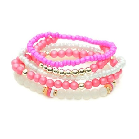 5 st Armband / Pärlarmband i Olika Färger - Cerise, Vit & Guld