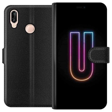Kompatibel Tegnebogsetui til Huawei Huawei P20 lite Minimalistisk neonbogstav U i farverig lyseffekt mod sort baggrund