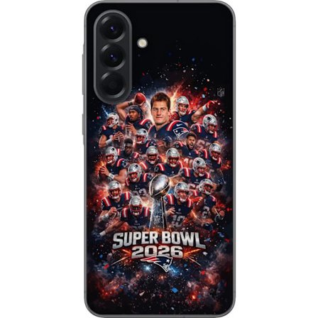 Yhteensopiva Puhelinkuori Samsung Galaxy A56 Super Bowl 2026 juliste, jossa New England Patriots ja NFL-mestaruuspalkinto räjähtävän urheilullisessa s