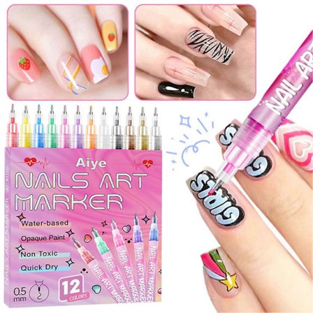 Neglekunstpennsett 12 farger 0,5 mm vanntette negletegnepenner for DIY neglekunst [D]