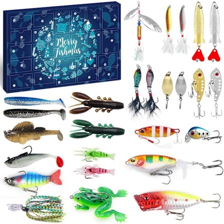 Julekalender til Fiskeri 2024 - Fiskegrej Sæt, Fiskeudstyr til Voksne Mænd Drenge, Fisketilbehør (24 stk)