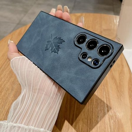 Etui til Samsung S23FE Lammeskind Ahornblad - Mørkeblå hud-følelse blad anti-fald fuld taske