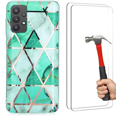 Beskyttelsescover - BOOLING - til Samsung Galaxy A52s 5G - Turquoise Marmor Mønster - Blødt TPU - 2x Hærdet Glas