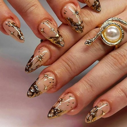 3D Guld Kurva Linje Press-on Naglar Franska Spetsar Falska Naglar Glansig Guld Sol och Stjärnor Akryl Falska Naglar Gellim på Naglar Strass Klistra på