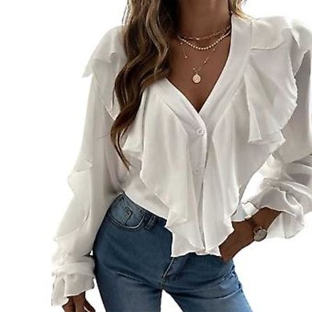 Dam V-ringad volangskjorta lång lyktaärm avslappnad skjorta (XL Vit)