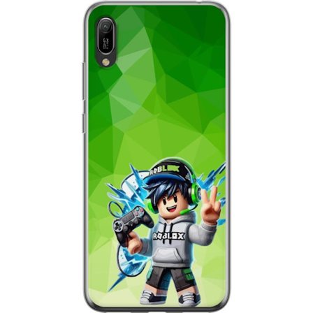 Kompatibelt Mobildeksel til Huawei Y6 Pro (2019) Roblox-inspirert gamerfigur med headset, håndkontroll og energiske effekter mot grønn bakgrunn