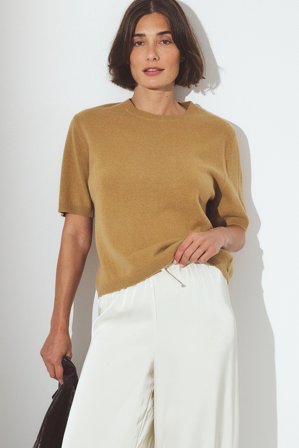 NA-KD Kortärmad stickad topp i ull - Premiumkvalitet - Beige - XL (EU 46)