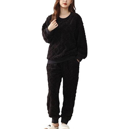 HAUFR Dame Fluffy Fleece Pysjamas Set 2 Del Varm Fleece Pyjamas Set Mykt Nattøy Langermet Crewneck Lommer Bukser -1