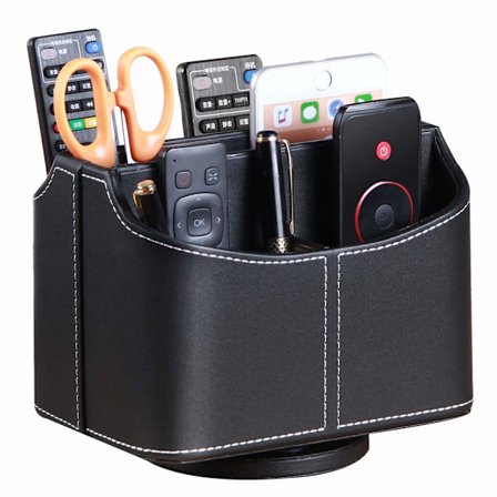 360° Roterende Fjernbetjeningsholder, TV-fjernbetjening i PU-læder Skrivebordsorganisator med 5 rum til TV, DVD, Blu-Ray-fjernbetjeninger