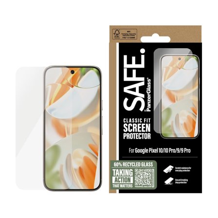 PanzerGlass SAFE. Pixel 10/10 Pro/9/9 Pro Skjermbeskytter 60 % resirkulert glass, Klassisk passform, Fallbeskyttelse, Ripebestandig