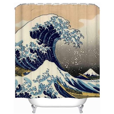 Dusjforheng Stora Vågen, 180 X 180 cm, Gutteromsdekor, Vanntett Polyesterstoff, Hokusai Japansk Kunst, Havtema, Mount Fuji Design, Enkelt
