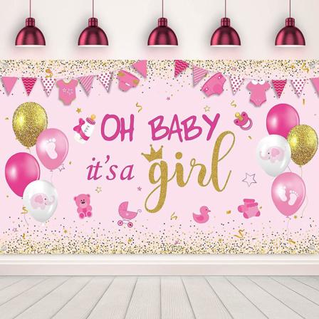 Vauvakutsujen juhlakoristeet Suurikokoinen Oh Baby It's A Girl Baby Shower Syntymäpäiväbanneri Tausta Valokuva Tausta Vaaleanpunainen Vauvakutsujen 