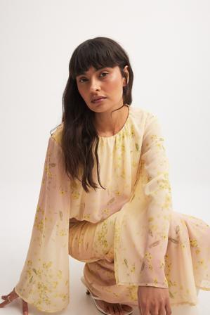 Amanda MPN x NA-KD Draperad luftig långärmad blus - Sommarset - Gul,Flower - EU 42