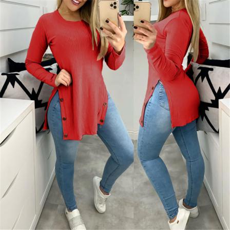 Elegant Långärmad Skjorta Dam Sexig Sida Slit Button Toppar Pullo