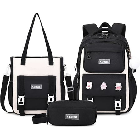 Rygsæk til piger, 3-pak sæt med rygsæk til piger med tyverisikret baglomme, vandafvisende tote taske med penalhus til grundskolen 3pcs Set-bla