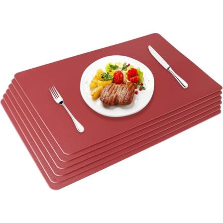 CDQ Bordsunderlag i PU-lær Sett med 6 bordbrikker Vaskbare vanntette brikker 45x30cm, rød
