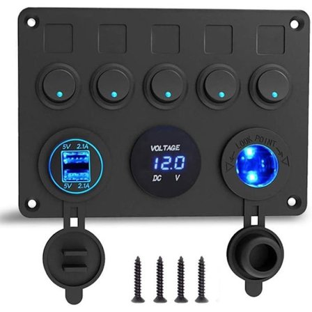 12V Marine Bryterpanel, 4.2A USB-laderport + Sigarettenneruttak + Voltmeterdisplay, IP65 Vanntette Brytere