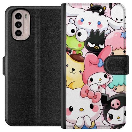 Kompatibel Tegnebogsetui til Motorola Moto G31 Tæt mønster af søde figurer med store øjne i forskellige farver og udtryk med LABUBU-tekst