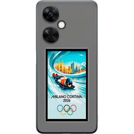 Kompatibelt Mobildeksel til OnePlus Nord CE3 Dynamisk bobslede eller skeletonkjører i iskanal med Milano Cortina 2026, bysilhuett og olympiske ringer