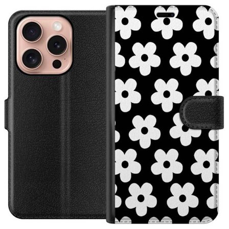 Yhteensopiva Lompakkokotelo Apple Apple iPhone 16 Pro Mustavalkoinen kukkakuvio minimalistisessa skandinaavisessa muotoilussa, jossa voimakas kontrast