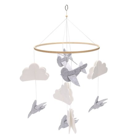 Baby Crib Mobile Birds & Clouds Felt Nursery Ceiling Decoration For Girls & Boys Grey & White
