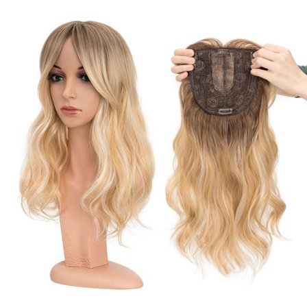 Snoilite Syntetiskt långt lockigt vågigt hår Toppers Ombre Blond Clip Hårförlängningar Naturlig Svart 3-klipp med Bang Fake Hairpieres