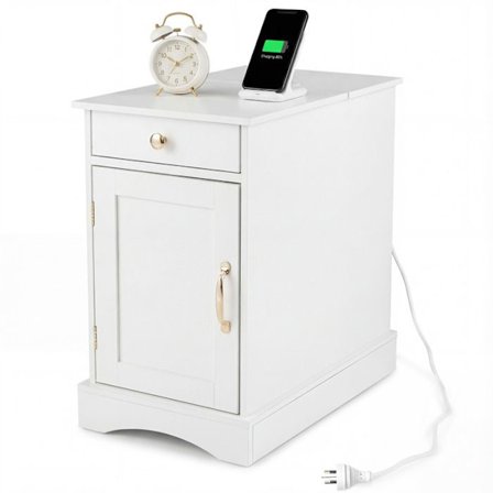 COSTWAY Natbord med Indbyggede Stik, Dør, Skab med Justerbar Hylde, Skuffe, 60 x 35 x 62 CM Hvid
