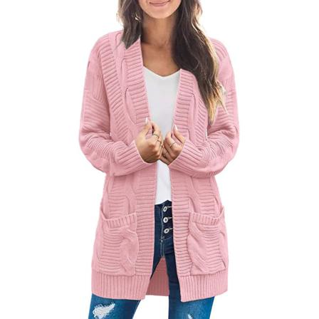 Lång Stickad Cardigantröja Med Öppen Framsida För Kvinnor Pink L