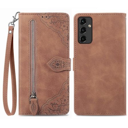 SKALO Samsung A14 4G/5G Big Wallet Flower Plånboksfodral - Brun