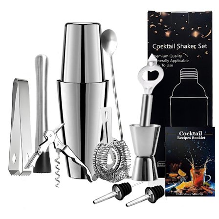10-delt cocktailsæt, barsæt, shaker 700 ml - Rustfrit stål sølv