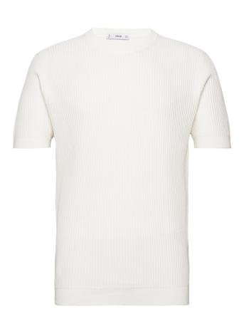 100% Cotton T-Shirt With Ribbed Structure T-shirts Short-sleeved Hvit Mango*Betinget Tilbud