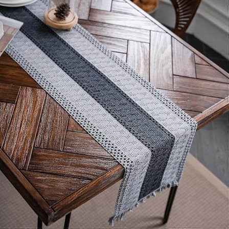 Vevd Rustikk Bomullslin Boho Stil Bordløper med Kvaster for Spisebord Bryllup Babyshower Landlig Bord (Grå, 30x180cm)