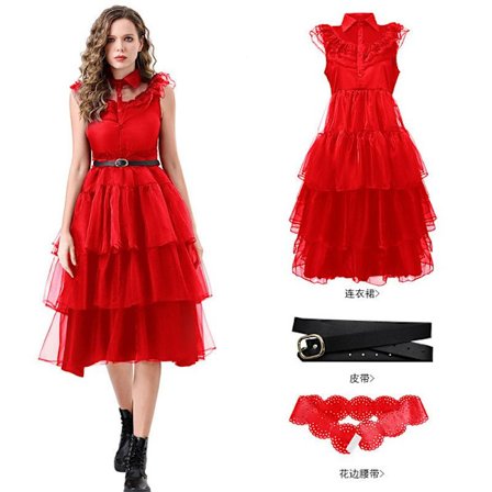 Dam Addams Family Keskiviikko Adams Musta Mekko | Halloween-asu aikuisille tanssijuhliin-Punainen [hame + vyö + vyötärövyö]-M M