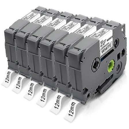 6 stk. 12 mm 0,47 Hvid Tape Sort Bånd på Hvid Baggrund Printer Label Tape Kompatibel med Bånd Tz231