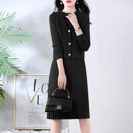 Kvinnors tredimensionella tråd i två delar Modeoutfit Kjol stickad klänning Black Average size