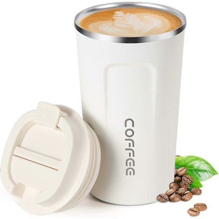 Tyhjiöeristetty matkamuki, tiivis kaksiseinäinen ruostumattomasta teräksestä valmistettu uudelleenkäytettävä kahvikuppi kannella kuumille ja kylmille 
