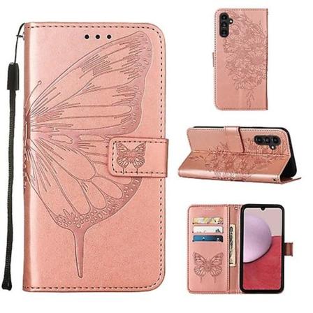 Samsung Galaxy A25 5g / A24:lle kohokuvioitu perhosnahkainen matkapuhelinkotelo Rose Gold