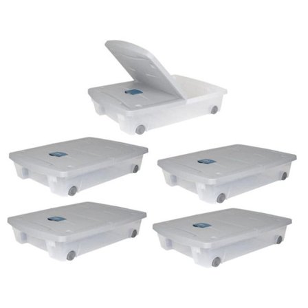 Sæt med 5 stk. underbedskasser 50L med hjul og duftlåg mod møl