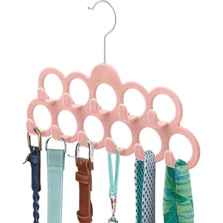 Samettihuivihylly, huivijärjestäjä, flokattu samettipinta, huivipidike 11 silmukalla ja koukuilla, vaaleanpunainen, 2-pakkaus