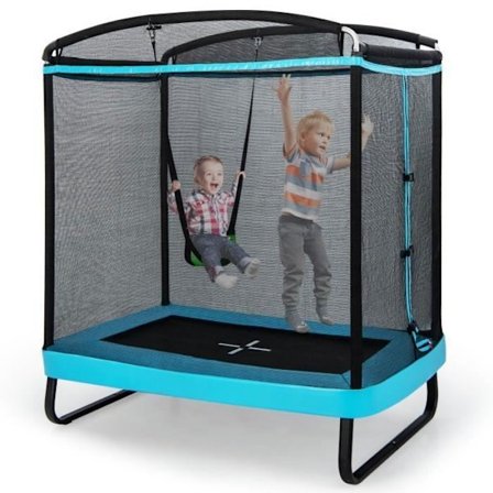 COSTWAY Trampolin til børn Rektangulær 190x122cm 3 i 1 med gynge, vandret stang-40 galvaniserede fjedre 100 kg-blå