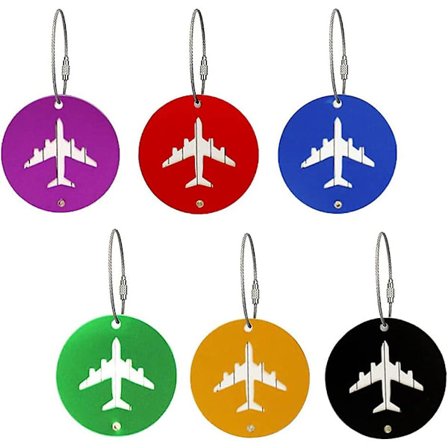 Pakke med 6 bagasjelapper, runde koffertlapper med navnelapp, adresselapp, reise