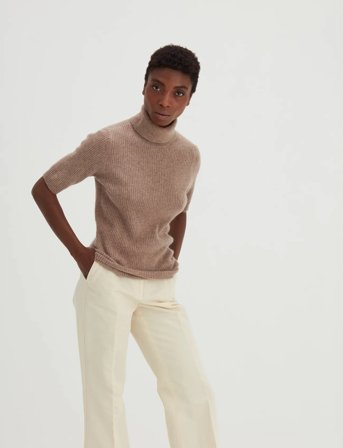 Davida Cashmere Turtleneck Rib T-Shirt - Beige - M