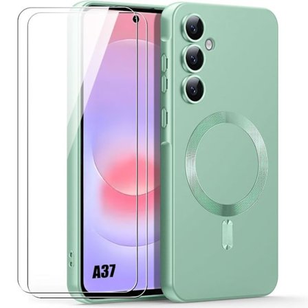 Cover til Samsung Galaxy A37 5G, Silikone Anti-Ridser med Magnetisk - Grøn - 2 Tempererede Glas