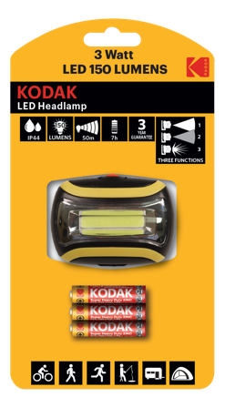 KODAK LED Headlamp, 150lm, 3 modes, 3W single LED, IP44, black