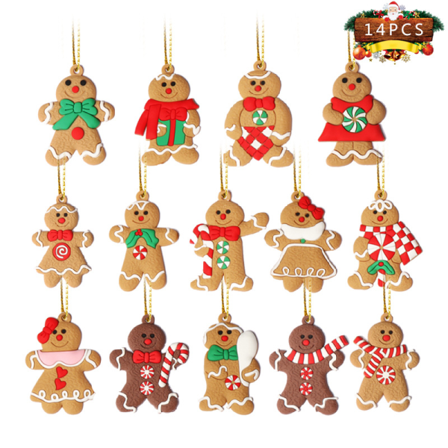 14 Pack Gingerbread Man Ornamenter til juletræsdekorationer, 3 tommer høj Gingerman Hanging Charms Juletræspynt feriedekorationer
